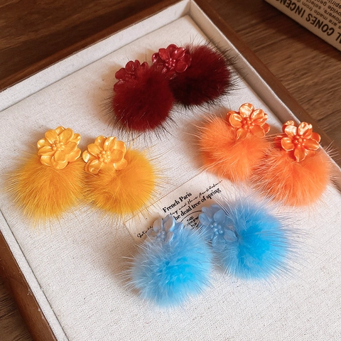 Orecchini Pendenti Fiore Pompon Con Perno In Argento Sterling 925 Resina Petalo Pelliccia Sintetica Per Donna Moda