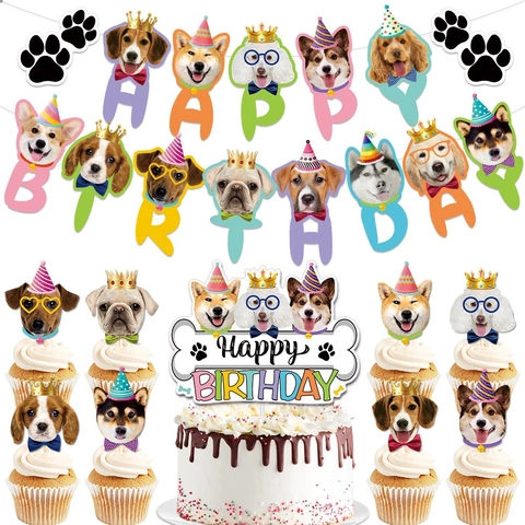 Welpen Hund Thema Geburtstag Party Pappbanner Und Kuchen Topper Cartoon Tier Gesicht Girlande Feier Zubehör