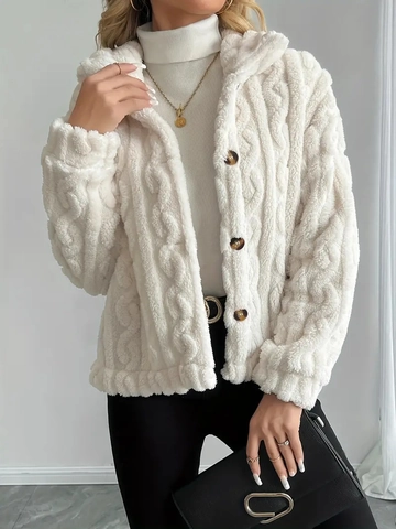 Women Plush Faux Fur Jacket Cable Knit Texture Button Down Cardigan Long Sleeve Warm Casual Outerwear Solid Color Coat