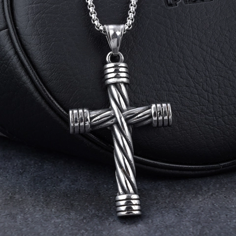 Collana Con Pendente A Croce Da Uomo Acciaio Inossidabile Texture A Corda Intrecciata Stile Retro Vintage Gioielli In Metallo Lucido