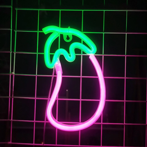 Eggplant Shape LED Neon Sign Light Dual Color Plastic Wall Hanging Decor Battery USB Powered Bedroom Aesthetic Lamp