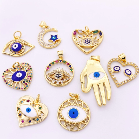 Evil Eye Herz Hamsa Hand Mond Stern Anhänger Messing 18K Vergoldet Bunte Zirkonia DIY Charme Schmuck Zubehör Damen