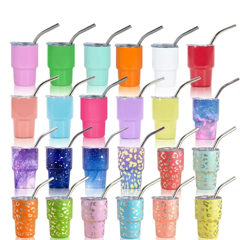 Stainless Steel Mini Tumbler Cup With Lid And Metal Straw Insulated Portable Travel Shot Cup For Coffee Leopard Starry Style