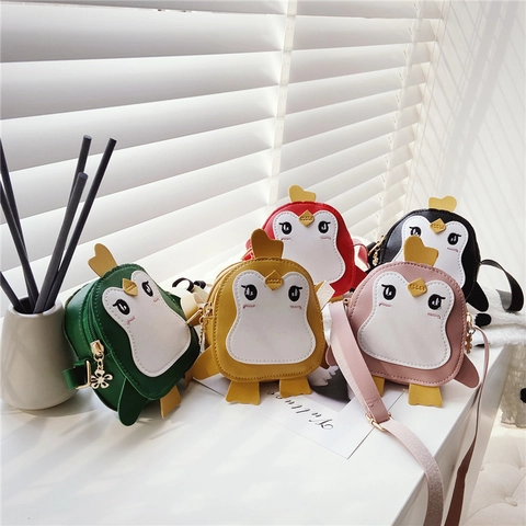 Cartoon Penguin Kids Crossbody Bag Cute PU Leather Shoulder Pouch Adjustable Strap Mini Messenger For Toddlers