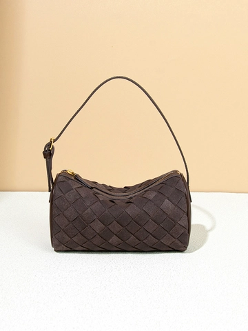 Woven Shoulder Bag Matte Suede Braided Boston Cylinder Handbag Adjustable Strap Solid Color Minimalist Retro