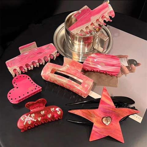 Pinza Para El Cabello De Acetato De Mármol Rosa Forma De Estrella De Corazón Diamante De Imitación Accesorios De Moda Para Mujer