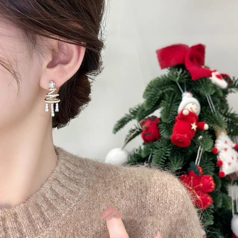 Christmas Tree Tassel Earrings With Silver Earring Post Sparkling Rhinestone Spiral Star Drop Jewelry For Women Holiday