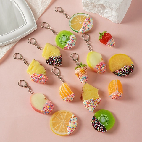 Simulation Mini Frucht Schlüsselanhänger PVC Harz Essen Spielzeug Anhänger Schokolade Überzogen Bunte Streusel Erdbeere Zitrone Kiwi Orange