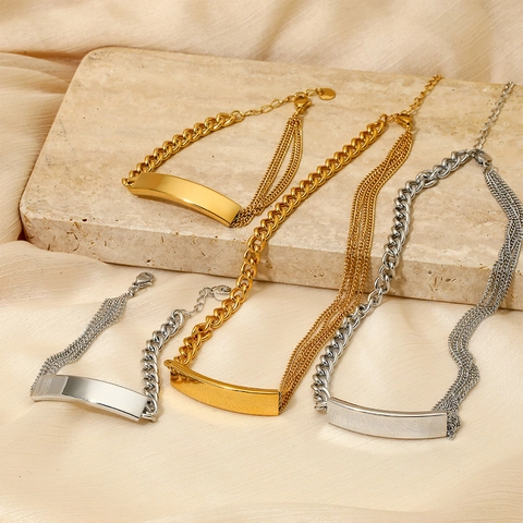 Stainless Steel Necklace And Bracelet With Smooth Curved Plate Asymmetrical Cuban Link For Women Fashion Minimalist