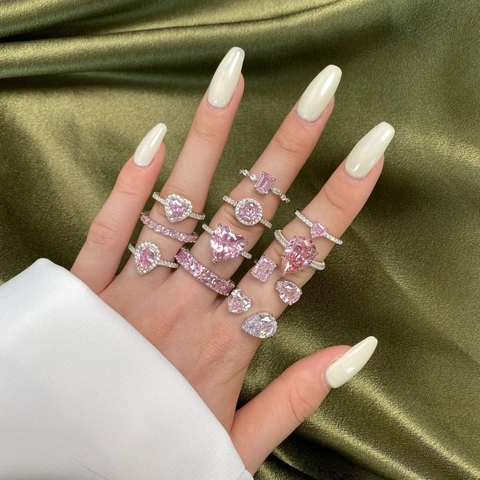 S925 Sterling Silver Pink Rhinestone Ring For Women Luxurious Fashion Heart Pear Geometric Adjustable Open Finger Ring Jewelry