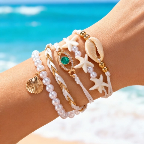 Pulsera Multicapa Bohemia Con Perlas Artificiales De Imitación Aleación Estrellas De Mar Colgantes Concha Mal De Ojo Joyería De Playa Mujer
