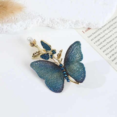 Spilla A Farfalla Elegante Lega Strass Finta Perla de Agua Dulce Tessuto Mesh Gradiente Gioielli Insetto Vintage Regalo Donne