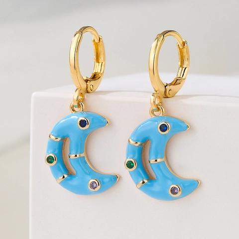 Crescent Moon Drop Earrings Copper Gold Plated With Colorful Zircon Enamel Bohemian Style For Women