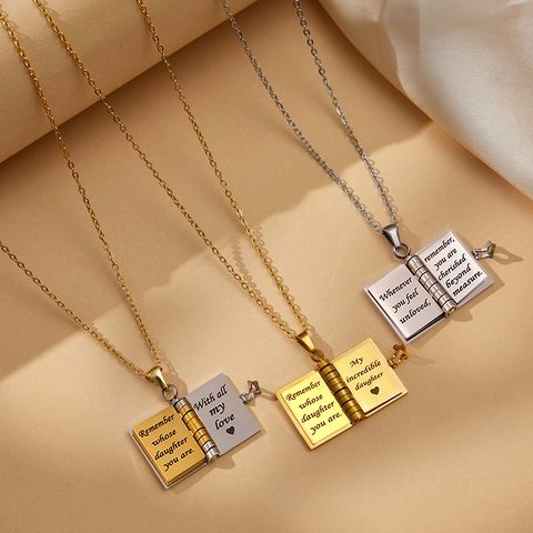 Collana Medaglione Pendente Libro Acciaio Inossidabile Inciso Citazione Sentimentale Cuore Gioielli Regalo Per Donne Mamma Figlia
