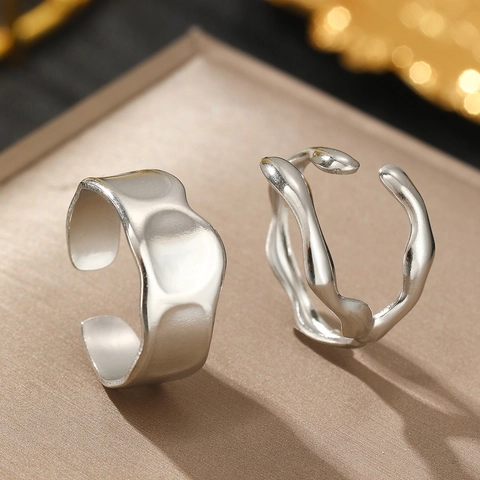 Anello Onda Irregolare Minimalista in Acciaio Inossidabile per Donna Texture Martellata Placcato Oro Argento Gioielli
