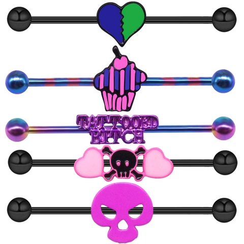 Punk Titanium Steel Industrial Barbell Ear Piercing Jewelry Skull Heart Cupcake Design Gothic Alternative Style Body Earring For Men Women