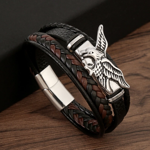 Pulsera De Cuero Trenzado Multicapa Cabeza De Águila Hombre Cierre Magnético De Acero Inoxidable Joyería