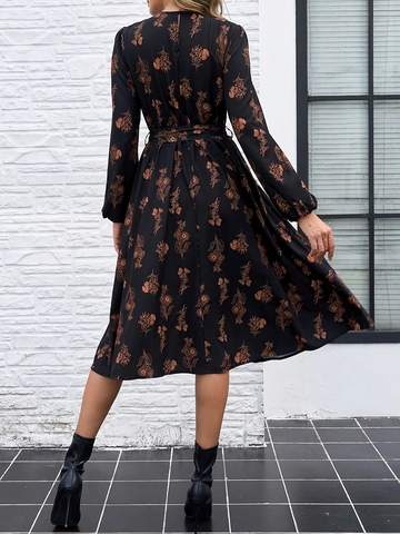 Robe Longue Femme Manches Longues Imprimé Floral Polyester Élasthanne Taille Haute Col Rond Ligne A Style Chic Décontracté