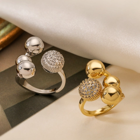 Anello Aperto Geometrico Irregolare In Rame Placcato Oro Con Perline In Pavé Di Zircone Gioielli Regolabili Per Donne