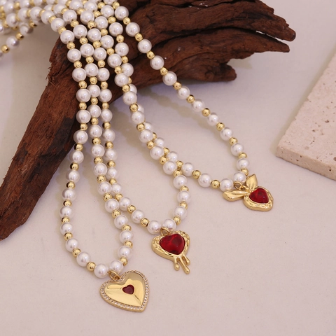 Set Collana E Bracciale Con Ciondolo A Cuore Künstliche Perle Finte Perline Dorate Pietra Rossa Gioielli In Rame Per Donna Elegante