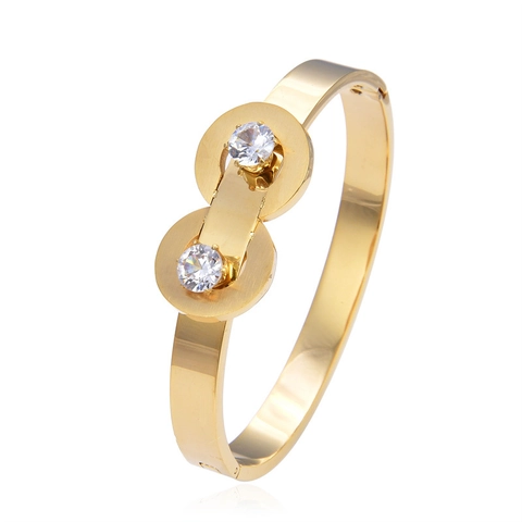 Elegante Bracciale Rigido in Acciaio Inossidabile con Doppio Disco Rotondo e Strass per Donna Bracciale a Polsino Aperto Geometrico Gioielli