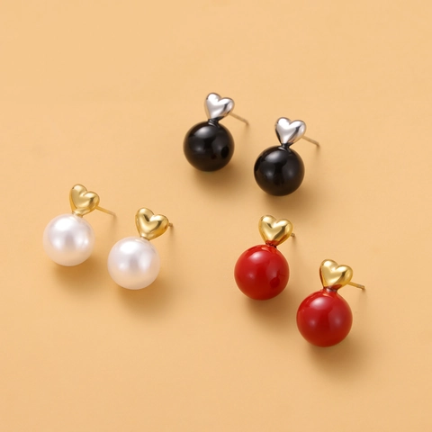 French Retro Heart Bead Stud Earrings Titanium Steel Geometric Round Artificial Pearl Dangle Chic Elegant Jewelry For Women