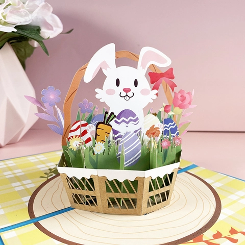 Handmade 3D Popup Greeting Card Easter Bunny Rabbit Flower Basket Eggs Paper Cardstock Gift