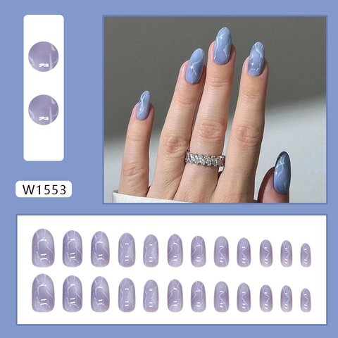 Press On Nails Artificial Finger Nail Tips ABS Plastic Marble Texture Detachable Oval Shape Elegant Lavender Purple