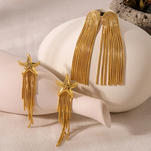 Starfish Tassel Earrings 18K Gold Plated Stainless Steel Long Fringe Summer Beach Style Designer Jewelry For Women