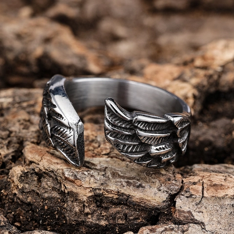 Vintage Angel Wings Feather Open Ring Stainless Steel Adjustable Retro Gothic Punk Hip Hop Jewelry For Men Women