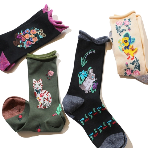 Women Vintage Crew Socks Floral Animal Pattern Nylon Knit Polyamide Artistic Retro Style Comfortable Fashion Hosiery
