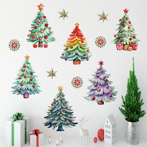 Kerst Muurstickers Kerstboom Sneeuwvlokken PVC Zelfklevend Feestelijke Decoratie Waterdicht Handgeschilderd Kleurrijk Muurschilderingen