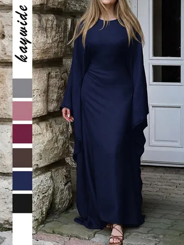 Solid Color Elegant Women Maxi Dress Pleated Polyester Long Batwing Sleeve Loose Kaftan Abaya Evening Commute Gown