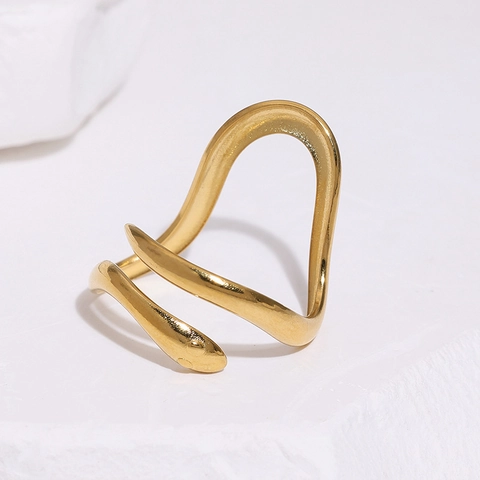 Anello Aperto Serpente E Onda Donna Minimalista Acciaio Inossidabile Placcato Oro 18K Regolabile Irregolare Gioielli Moda Estetica