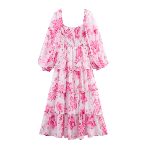 Damen Blumenprint Chiffon Maxikleid Eckiger Ausschnitt Gesmokt Gestuft Langarm Pink Elegant Süß Strandkleid