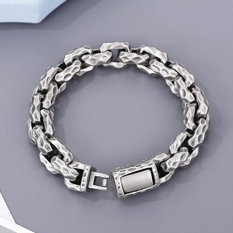 Bracciale A Catena Martellata Vintage Uomo Acciaio Inossidabile 316L Pesante Retro Punk Hip Hop Gioielli Argento Antico