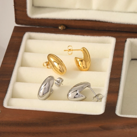 Oval Stud Earrings Stainless Steel 18K Gold Plated Smooth Surface Water Drop Design Minimalist Fashion For Women