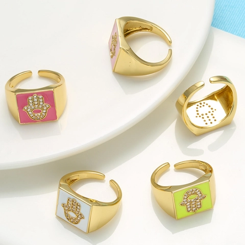 Anello in Smalto Quadrato Mano di Fatima Placcato Oro per Donna Colorato Zirconia Intarsiato Regolabile Aperto in Rame Gioielli