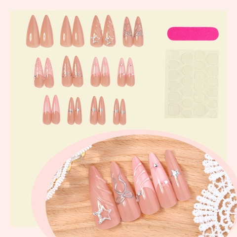 Pink Press On Nails 3D Silver Bow Heart Star Long Stiletto French Glossy Fake Nails With Adhesive Tabs And File