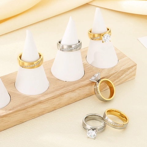 Anillos De Pareja De Acero Inoxidable Circón Engaste De Cuatro Garras Boda Compromiso Pulido Acabado Cepillado