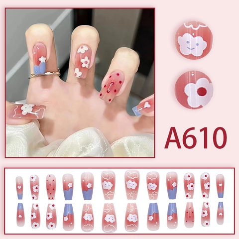 Press On Nagels Lange Kistvorm Gradiënt Roze Blauw Bloem Stip Wolk Smiley Ontwerp Verwijderbare Kunstnagels Voor Vrouwen