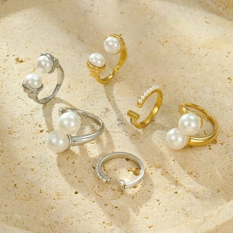 Mode Roestvrij Stalen Open Ring Voor Vrouwen Kunstparel Strass Ingelegd Verstelbare Geometrische Sieraden Ring Accessoire