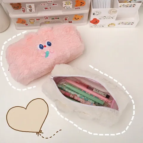 Estuche De Lápices De Peluche De Animales De Dibujos Animados Bolsa De Almacenamiento De Papelería Bordada Estudiantes Niñas