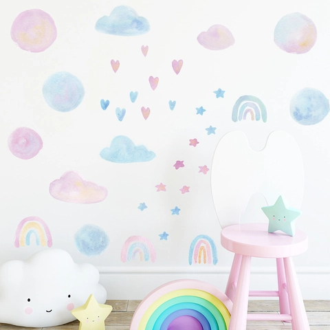 Muurstickers Regenboog Wolken Sterren Hart Aquarel PVC Kinderkamer Handgeschilderd Decoratie Stickers