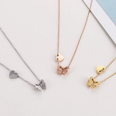 Collar Con Colgante De Mariposa Y Corazón De Acero Inoxidable Para Mujer Con Diamantes De Imitación Joyería De Cadena Elegante