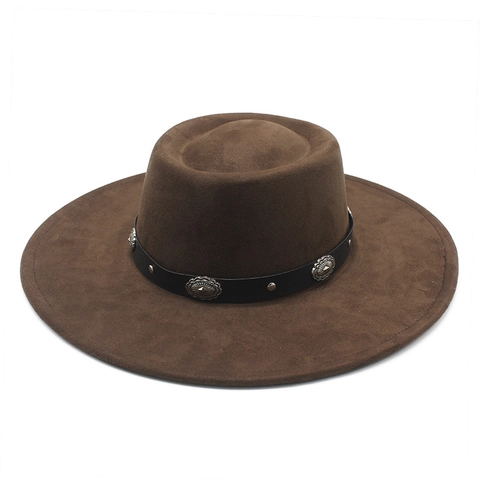 Breedgerande Fedora Hoed Vintage Western Stijl Met Metalen Concho Riem Decor Polyester Suède Unisex Jazz Hoed