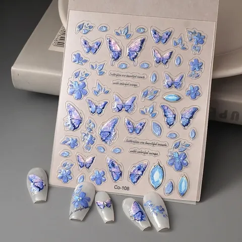 5D Embossed Nail Art Stickers Butterfly Flower Blue Purple Gradient Relief DIY Manicure Decor Waterproof