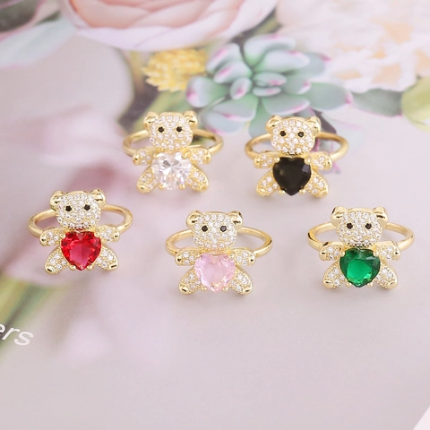 Süßer Bär Herz Verstellbarer Offener Ring Kupfer Mikropavé Zirkon Kubischer Zirkonia Schmuck Geschenk Damen