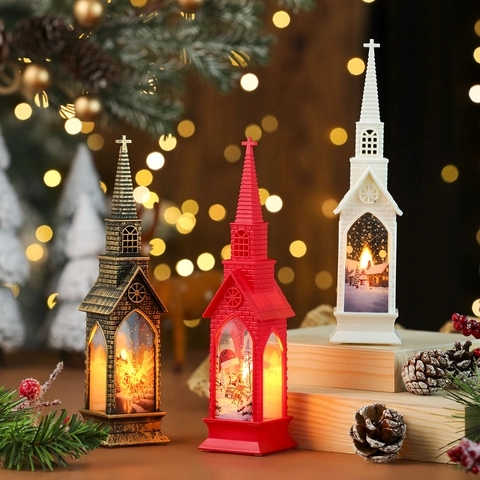LED Christmas Lantern Church Shaped Night Light Retro Glowing Desktop Ornament PC Plastic Decorative Holiday Atmosphere Lamp