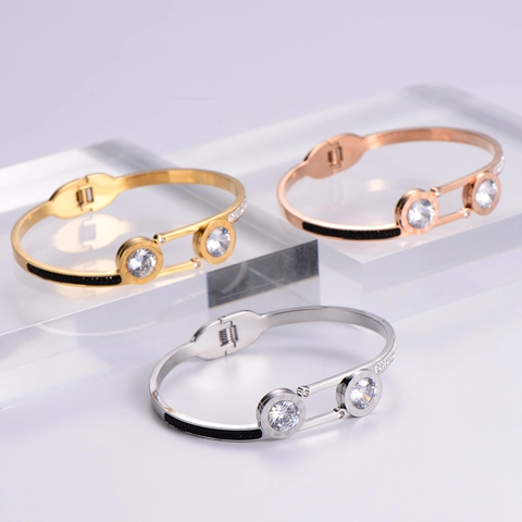 Bracciale Rigido In Acciaio Inossidabile Da Donna Con Numeri Romani Zircone Rotondo Strass Nero Bianco Gioielli Moda